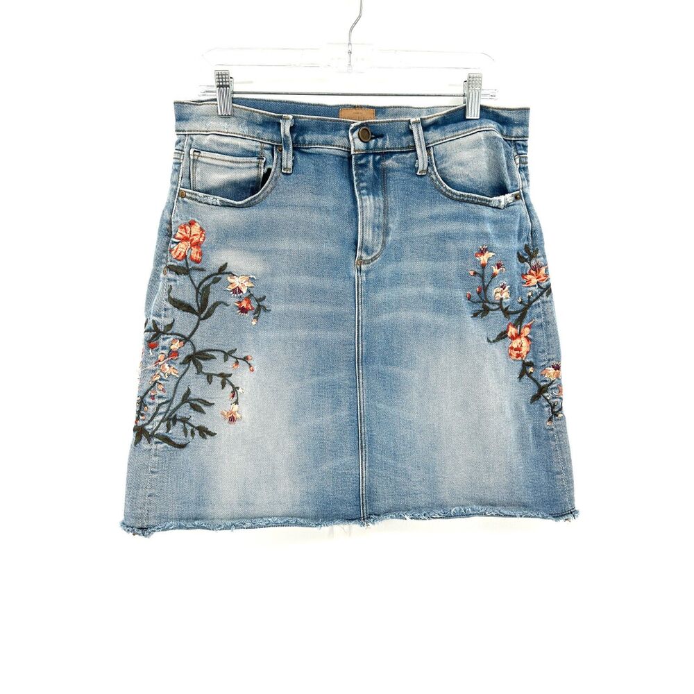 DRIFTWOOD Saydi Blue Pink Floral Embroidered Boho A-Line Denim Jean Skirt 31